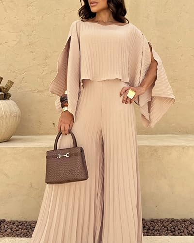 CHICME Women's 3 Piece Pleated Outfits One Shoulder Tops with High Waisted Wide Leg Pants Casual Vacation Outfit