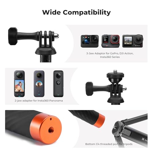 K&F Concept Invisible Selfie Stick, Extension Carbon Long Pole（127cm/50in） for Insta360 X5 Sports Camera GoPro DJI OSMO Po...