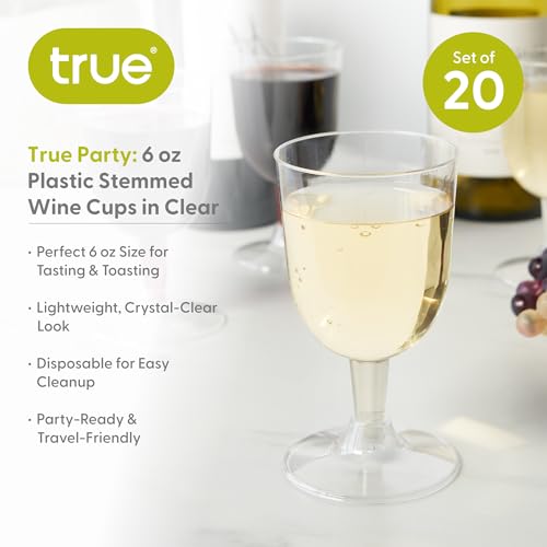 True Party Disposable Plastic Wine Glasses, Stemmed Clear Plastic Cups for Outdoors, Parties, 6 Oz Set of 20
