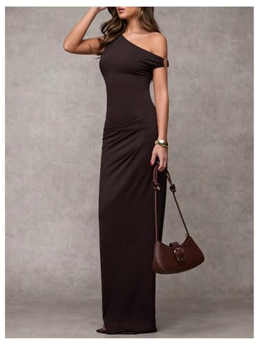 Verdusa Women's Off The Shoulder Wedding Guest Dress Asymmetrical Ruched Sleeveless Maxi Dresses
