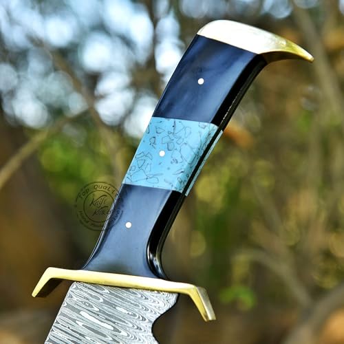 Damascus Steel Western Outlaw Bowie Hunting Knife, Fixed Blade Survival & Hunting Knife, Camping, Bushcraft, EDC - Gift fo...