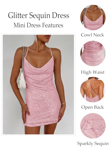 MIYIEONZ Women's Sequin Sparkly Glitter Dress Sexy Sleeveless Backless Spaghetti Strap Party Club Bodycon Mini Dress