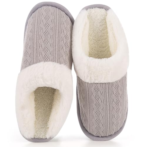 LOKIMSI Women's Cozy Knit Slippers with Faux Fur Lining Memory Foam - Non-Slip Rubber Sole Indoor/Outdoor Winter House Sho...