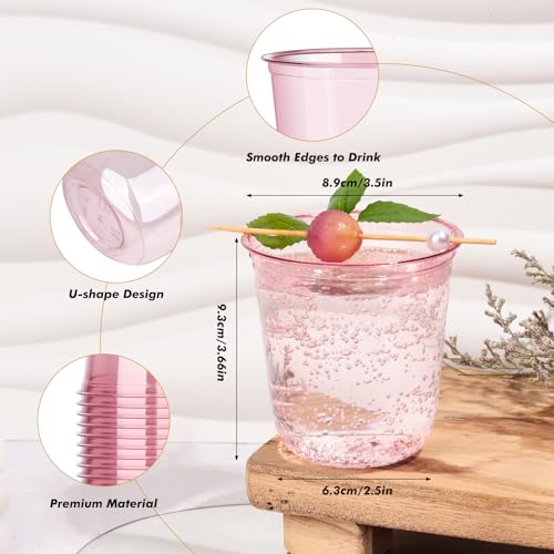 KesaPlan 50 Pcs Pink Plastic Cups, 12oz Disposable Stemless Wine Glasses for Cocktail Cute Clear Cocktail Wine Glasses Pin...