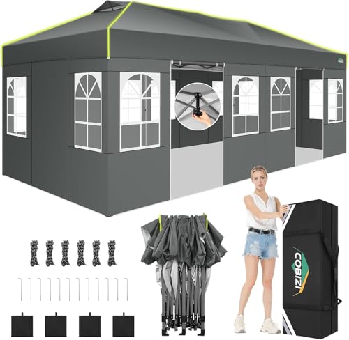 COBIZI 10x20 Pop Up Canopy Tent, Outdoor Party Tent with 6 Sidewall One Push Setup Glow, 3 Adjustable Height Air Vent Wate...