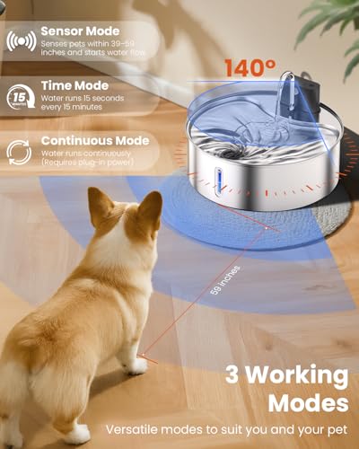 Wireless Dog Water Fountain for Large Dogs, 12L/3.2Gal Stainless Steel Dog Fountain Water Bowl with Sensor, Quiet Pump BP...
