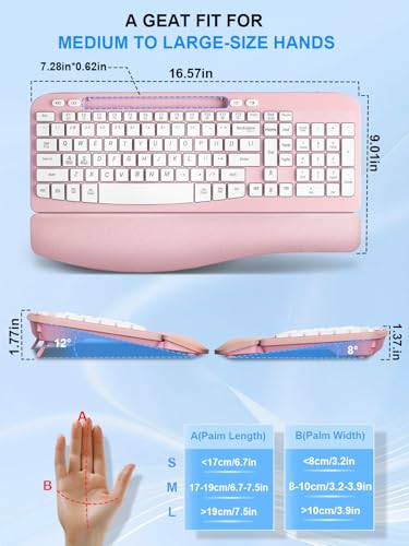 Wireless Keyboard and Mouse Combo, Wave Keys Computer Ergonomic Keyboard with Cushioned Plam Rest, Phone Holder, 2.4GHz Si...