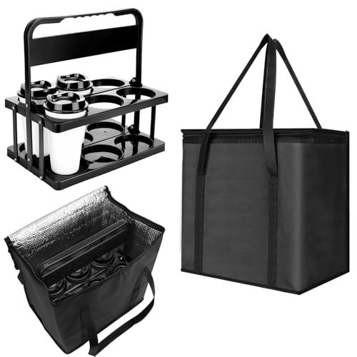 Reusable 6 Cup Drink Carrier with Handle and Insulated Bag for Hot and Cold Drink/Food, Foldable Plastic Cup Holder and La...