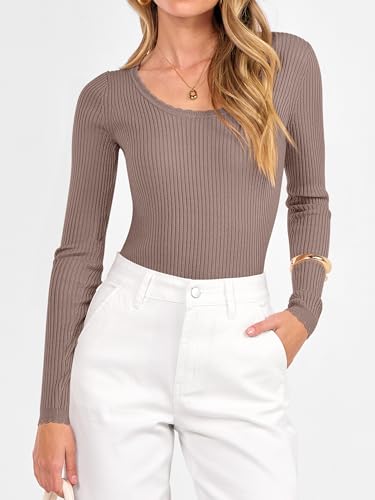 ANRABESS Womens Ribbed Fitted Sweater Long Sleeve Shirts Scoop Neck Lightweight Casual Knit Slim Tops 2025 Fall Outfits