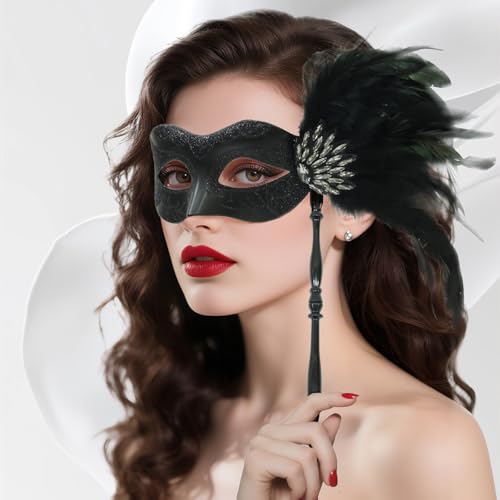LCKRVOL Masquerade Mask for Women with Stick, Shiny Women's Feather Mardi Gras Venetian Mask for Prom Ball Costume Party