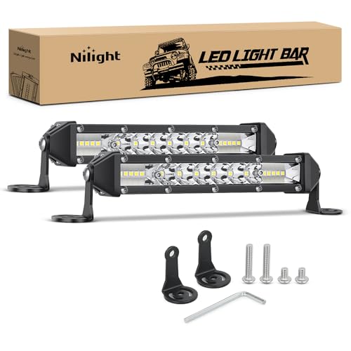 Nilight Slim LED Light Bar 2Pcs 7 Inch 16LED Single Row Spot Flood Combo Fog Driving Work Lighting Roof Bumper Lamp Offroa...