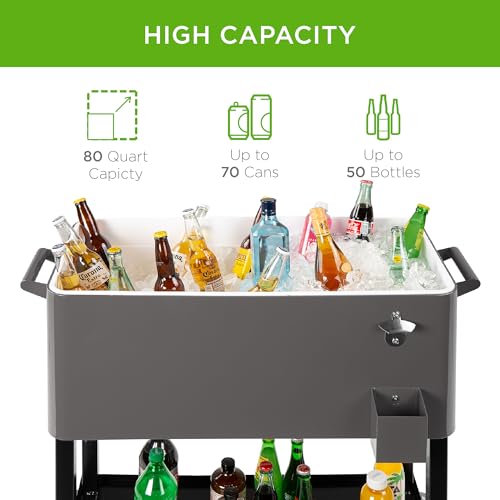 Best Choice Products 80-Quart Outdoor Steel Rolling Cooler Cart w/Ice Chest, Bottle Opener, Catch Tray, Drain Plug, Lockin...