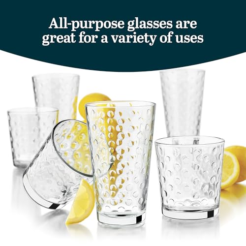 Libbey Awa Tumbler and Rock Glasses Drinking Set, Elegant Polka Dot Drinking Glasses Set of 16, All Purpose Glass Cups Set...