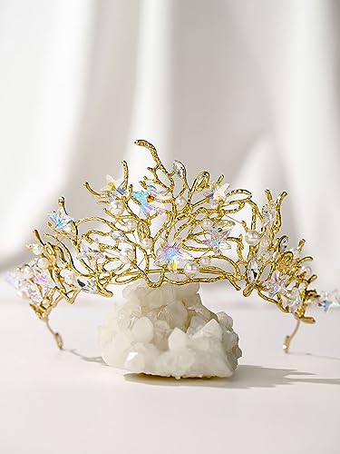 SWEETV Mermaid Tiara for Girls Women, Gold Princess Crown Diadem, Jeweled Headpiece Costume Hair Accessories for Birthday ...