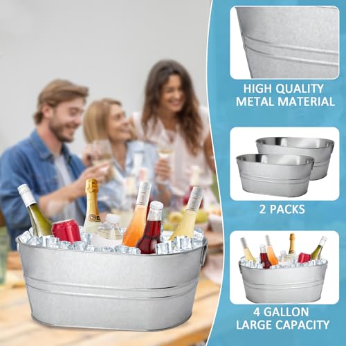 2 Pack 4 Gallon Galvanized Tub Ice Buckets for Parties Portable Beverage Tub with Handles Champagne Bucket Metal Ice Bucke...
