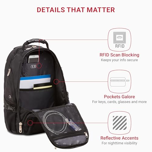 SwissGear 1900 ScanSmart 17” Laptop Backpack Black – Reflective Tech Backpack with ScanSmart Compartment – Multiple Organi...