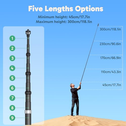 AKASO 118"/3m Invisible Selfie Stick - Carbon Fiber Extension Pole for Insta360 X5/X4/X3, DJI Osmo 360, GoPro Hero 13/12/1...