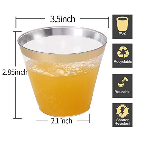 I00000 200 Pack Gold Plastic Cups, 9 Oz Elegant Clear Plastic Cups Gold Rimmed Disposable Wine Glasses Fancy Disposable Pa...