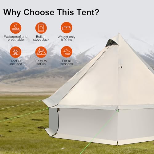 Spacious 4 Person Yurt Tent with Stove Jack, 4-Season Glamping Bell Tent, Waterproof 210D Oxford Cloth, for Family Camping...