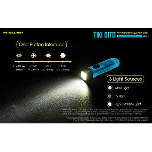 Nitecore Tiki GITD Blue Keychain Flashlight with UV & High CRI Light, 300 Lumen Everyday Carry EDC USB-C Rechargeable with Charging Cable