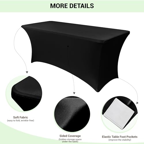 Obstal 6ft Stretch Black Spandex Table Cloth for Standard Folding Tables - 2 Pack Universal Rectangular Fitted Tablecloth ...