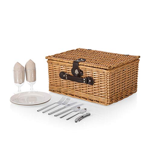PICNIC TIME Classic Picnic Basket for 2, Romantic English-Style Wooden Wicker Basket with Deluxe Service for 2, Fully-Lined Interior, Leatherette Lid-Locking Buckle, and Carry Handle, (Beige Canvas)