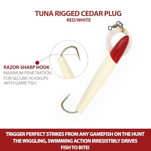 4" Cedar Plug Lures, 6 Pcs Red/White Rigged, for Saltwater Fishing, Includes Mesh Lure Bag, Ideal for Offshore Tuna Trolling