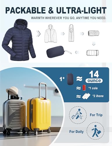 Women's Lightweight Packable Puffer Jacket Quilted Insulated Warm Winter Coat Full-Zip Hooded Outerwear for Hiking Travel