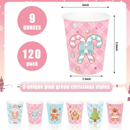 JarThenaAMCS 120Pcs Christmas Gingerbread Paper Cups 9oz Disposable Drinking Cups Pink Blue Nutcracker Candy Cane Holiday ...
