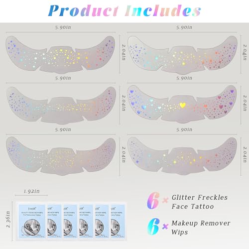 HOSAILY 6 pcs Holographic Glitter Freckles Face Tattoo, Waterproof Sparkle Body Glitter Speckles Patches for Women, Cute S...