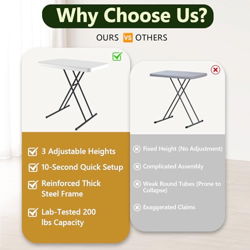 MAKE CHANGES Folding Table 30 Inch - Small Desk Adjustable Height TV Tray for Laptop, Couch, Camping - Heavy Duty Utility ...