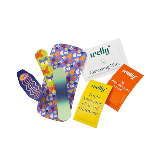 Welly First Aid Kit - Adhesive Bandages in Flexible Fabric and Waterproof, Singe Use Ointments (Triple Antibiotic, Cleansi...