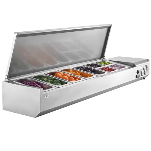VEVOR Refrigerated Condiment Prep Station, 140 W Countertop Refrigerated Condiment Station, with Five 1/3 Pans & Four 1/6 Pans, 304 Stainless Body and PC Lid, Sandwich Prep Table with Stainless Guard
