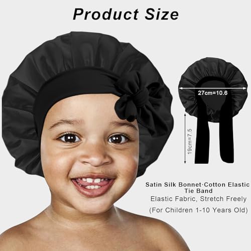 3 Pcs Kids Silk Bonnet for Sleeping - Baby Satin Bonnet for Sleep,Kids Hair Bonnets for Curly Hair Girls Boys with Wide Elastic Band,Sleeping Cap for Teens Toddler Child (Pink+Black+Light Blue)