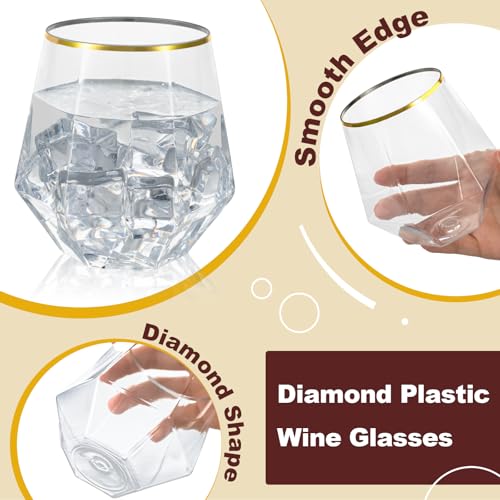 Goodluck 40 PCS Diamond Stemless Plastic Wine Whiskey Glasses, 12 Oz Disposable Cocktail Glasses, Suitable for Weddings, B...