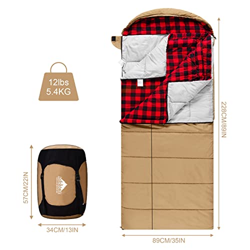 AGEMORE 0 Degree Canvas Sleeping Bag for Adults, Cotton Flannel Sleeping Bag for Winter Camping, Fishing, Hunting or Trave...