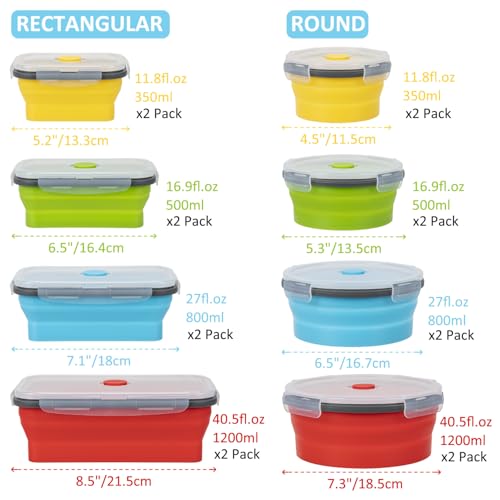 Collapsible Food Storage Containers with Lid & Air Vent, 16 Pack, 8 Rectangular + 8 Round, Annaklin Foldable Silicone Lunc...