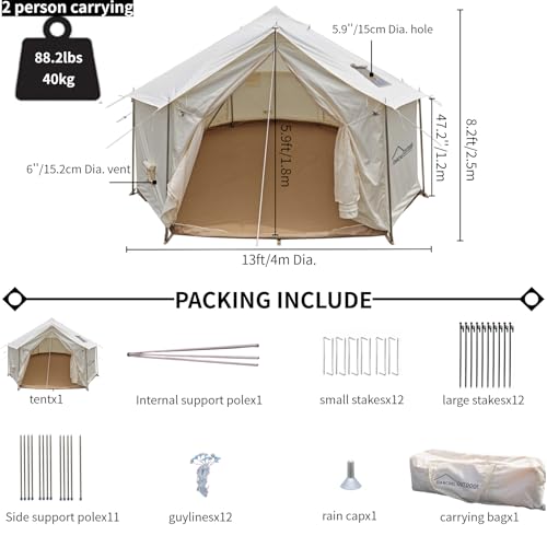 DANCHEL OUTDOOR B6 Luxury Glamping Wall Tent w/Stove Jack, No Center Pole, Higher Side Wall, 900D Flame Retardant Oxford f...