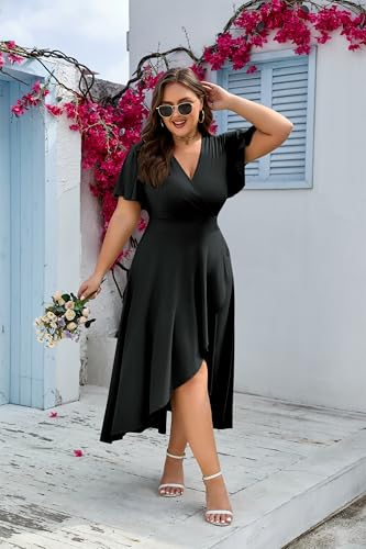 Actcat Womens Plus Size Maxi Dress Ruffle Short Sleeve Elegant Wrap V Neck High Low Split Long Dress