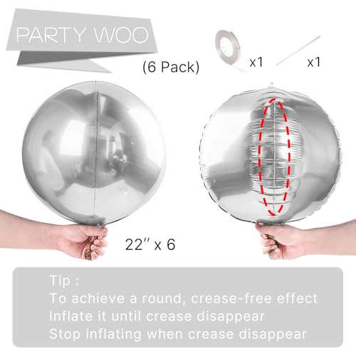 PartyWoo Metallic Silver Foil Balloons 6pcs 22 Inch Large Round Foil Big Giant 4D Jumbo Inflatable Mirror Ball Mylar Ballo...