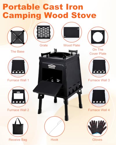 GVUHR Portable Wood Burning Stove - Lightweight Cast Iron Camp Stove for Backpacking，A Small Size 8.9in * 8.9in * 8.7in Ba...