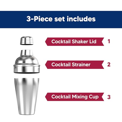HIC Kitchen Bar Cocktail Shaker, 18/8 Stainless Steel, Mirror Finish, 3-Piece Set, Holds 18-Ounces