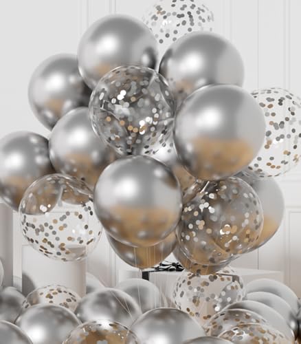 AULE Party Balloons Pack of 42 - Metallic Balloons & Confetti Balloons and 64ft Ribbons - 12 Inch Silver Balloons Decorati...