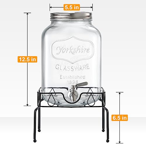 2 Gallon Glass Beverage Dispenser with Stand and Lid, 18/8 Stainless Steel Spigot - Glass Drink Dispensers for Parties - M...