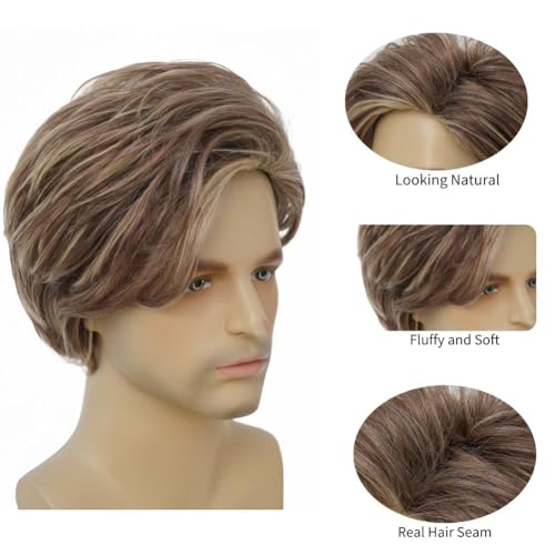 Swiking Men Wig Short Blonde Brown Layered Natural Synthetic Hair Full Wigs for Male Guy Daily Party Wear (Brown Blonde)