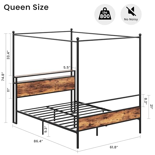 LIKIMIO Canopy Bed Frame Queen with Storage Headboard & Charging Station, Sturdy Metal Platform Bed with 4 Removable Post...