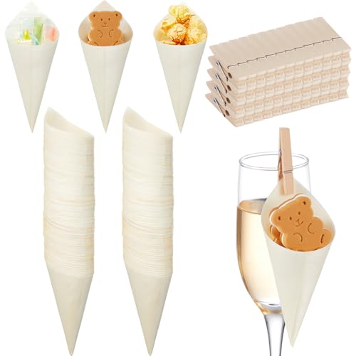 Yookeer 200 Pcs 5 Inch Disposable Wood Cones with 200 Pcs Mini Clips, Disposable Wine Champagne Glass Charcuterie Toppers ...