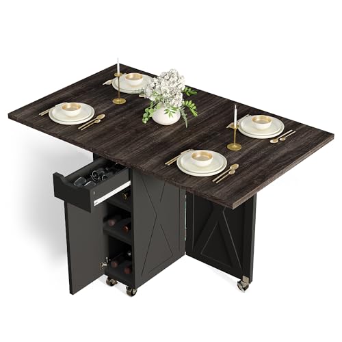 BHAODEAL Space Saving Folding Dining Table with 2 Tier Storage-Extendable Drop Leaf Farmhouse Wood Kitchen Dining Room Tab...