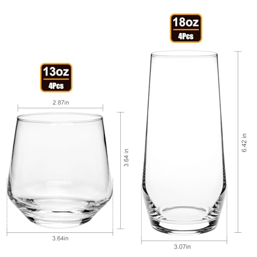 Cadamada Drinking Glasses Set, 4 Highball Glasses 18 oz & 4 Stemless Rocks Glasses 13 oz,Glass Cups,Glassware Sets for Coc...