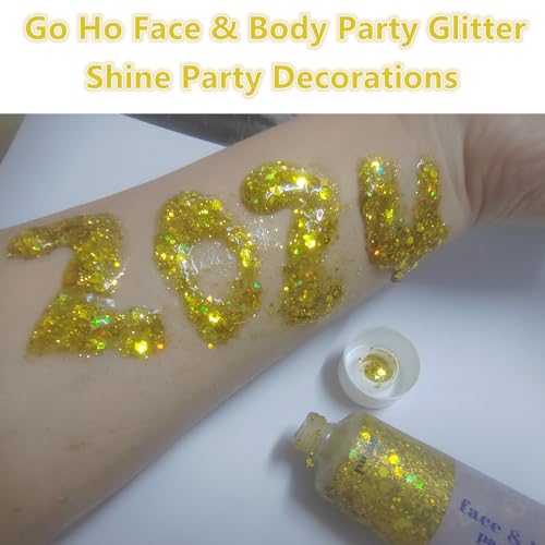 Go Ho Gold Face Body Glitter,Mardi Gras Glitter Makeup Gold Face Paint,Holographic Chunky Sequins Glitters for Eye Lip Hai...